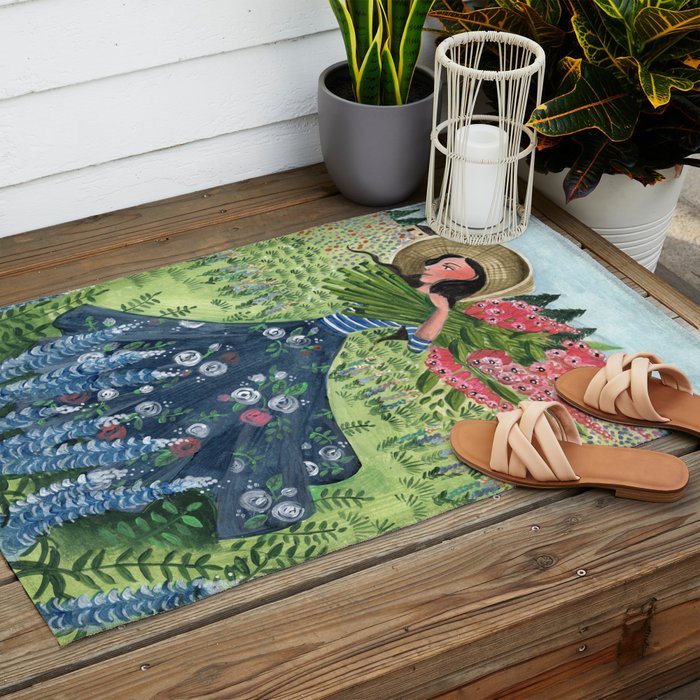 Woman Picking Flowers in the Field Outdoor Rug Gallery Image 2