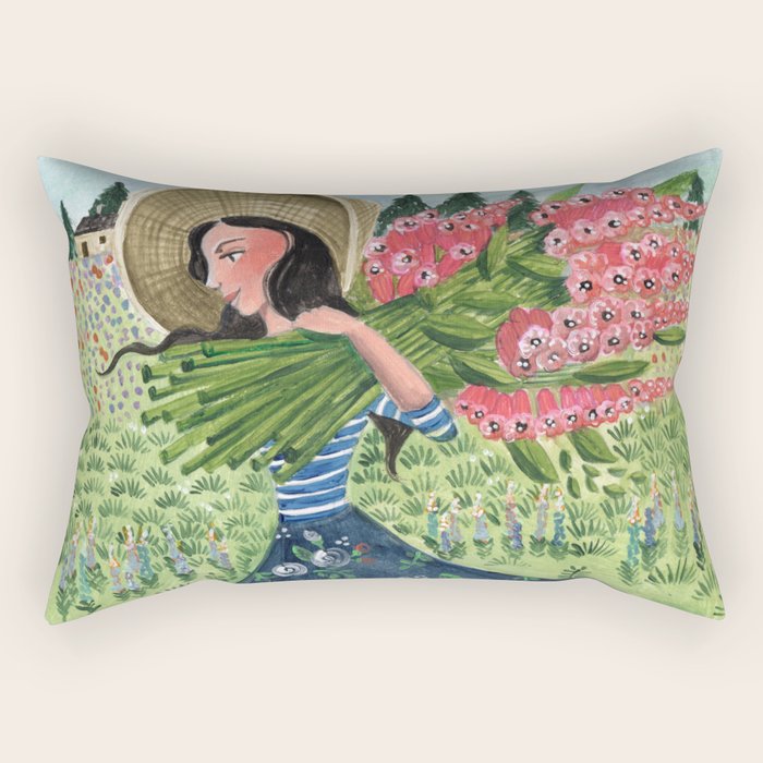 Woman Picking Flowers in the Field Rectangular Pillow Gallery Image 2