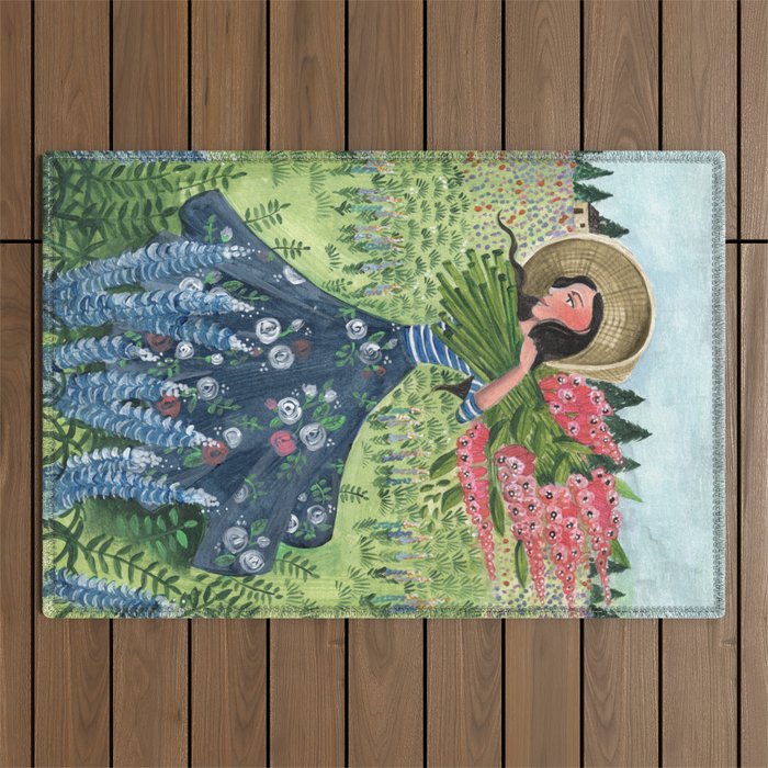 Woman Picking Flowers in the Field Outdoor Rug Gallery Image 1