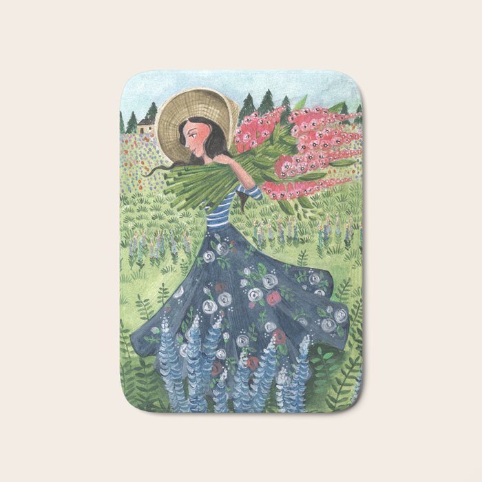 Woman Picking Flowers in the Field Bath Mat Gallery Image 1
