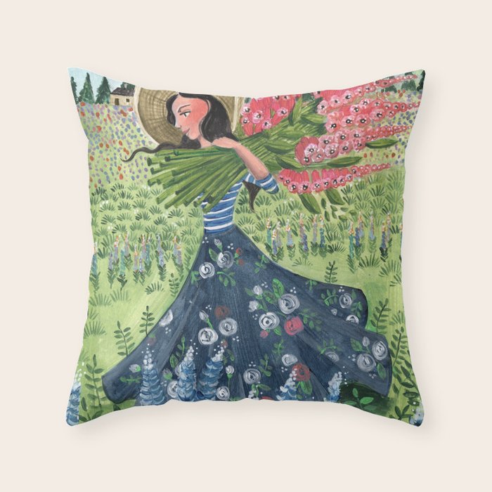 Woman Picking Flowers in the Field Throw Pillow Gallery Image 1