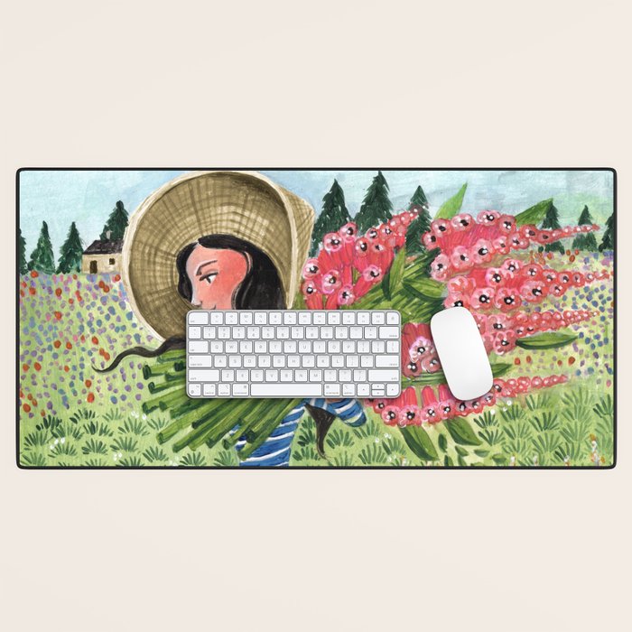 Woman Picking Flowers in the Field Desk Mat Gallery Image 1