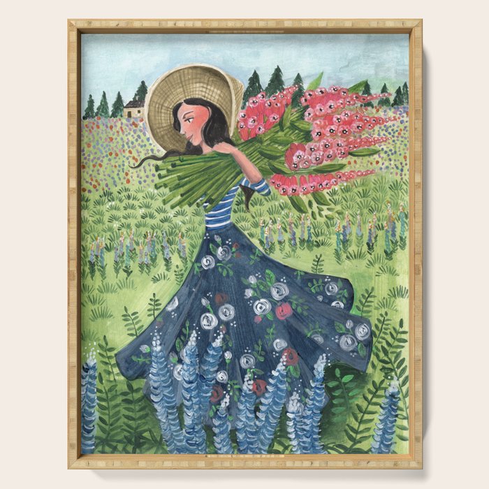 Woman Picking Flowers in the Field Serving Tray Gallery Image 1