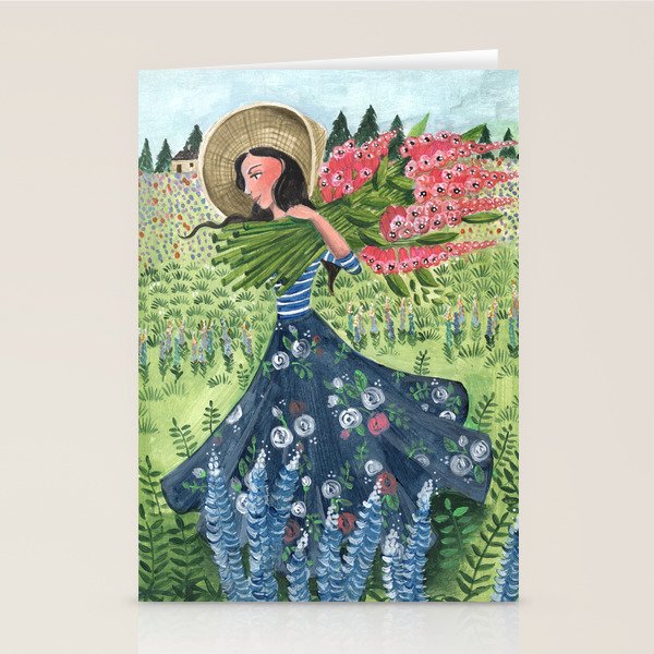 Woman Picking Flowers in the Field Stationery Card Gallery Image 1