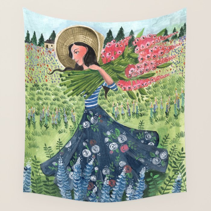 Woman Picking Flowers in the Field Wall Tapestry Gallery Image 1