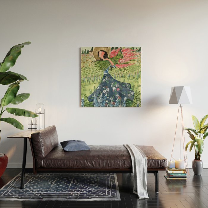 Woman Picking Flowers in the Field Wood Wall Art Gallery Image 2