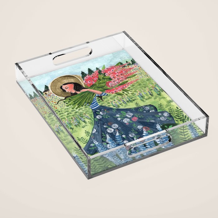 Woman Picking Flowers in the Field Acrylic Tray Gallery Image 1