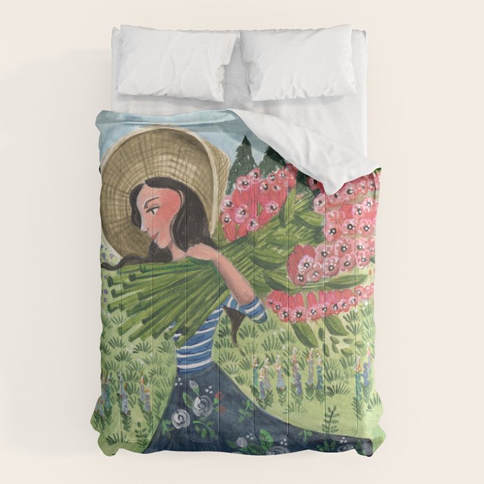 Woman Picking Flowers in the Field Comforter Gallery Image 1