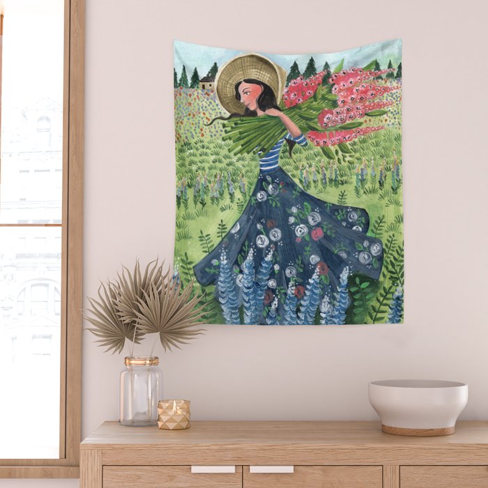 Woman Picking Flowers in the Field Wall Tapestry Gallery Image 2