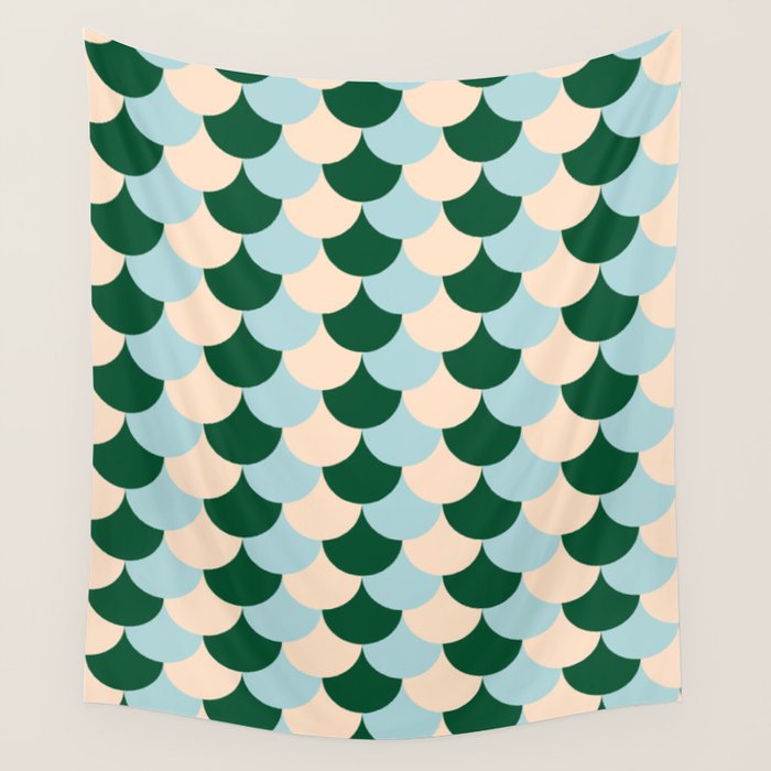 Scale Pattern / Art-deco - Light blue, Green and Cream Wall Tapestry Gallery Image 1