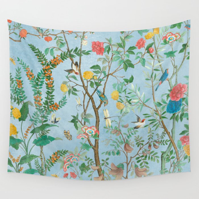 Chinoiserie Pastel Blue Floral Bird Garden II Wall Tapestry Gallery Image 4