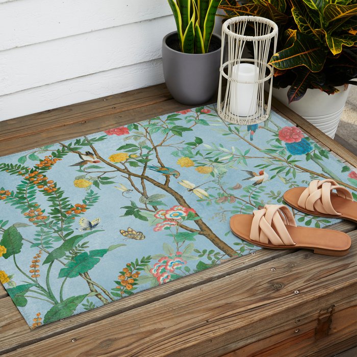 Chinoiserie Pastel Blue Floral Bird Garden II Outdoor Rug Gallery Image 2