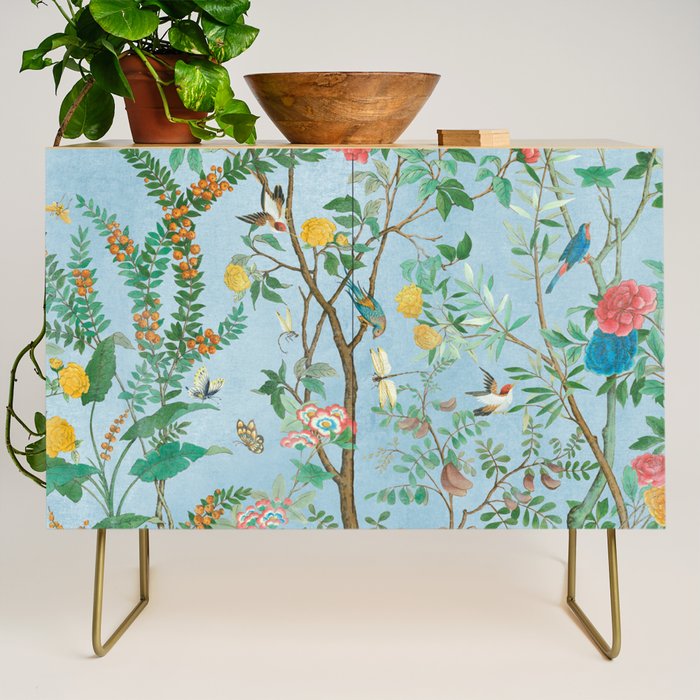 Chinoiserie Pastel Blue Floral Bird Garden II Credenza Gallery Image 1