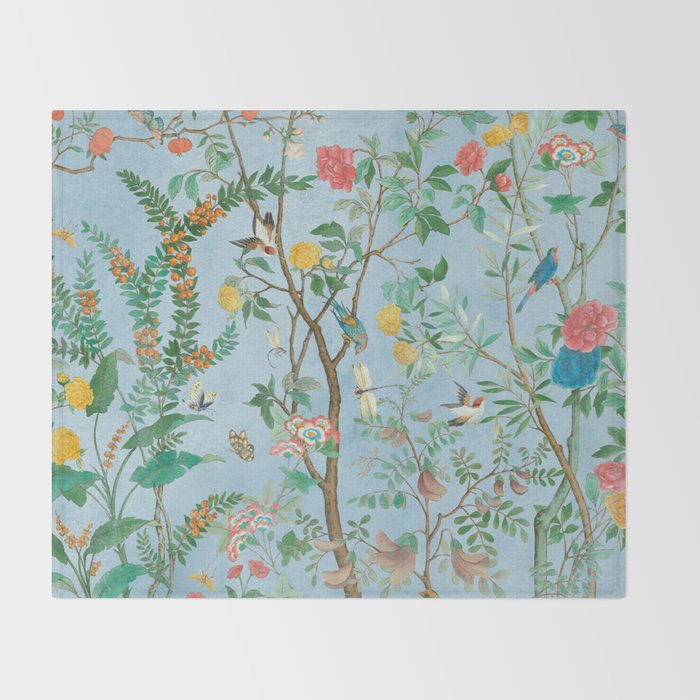Chinoiserie Pastel Blue Floral Bird Garden II Throw Blanket Gallery Image 2