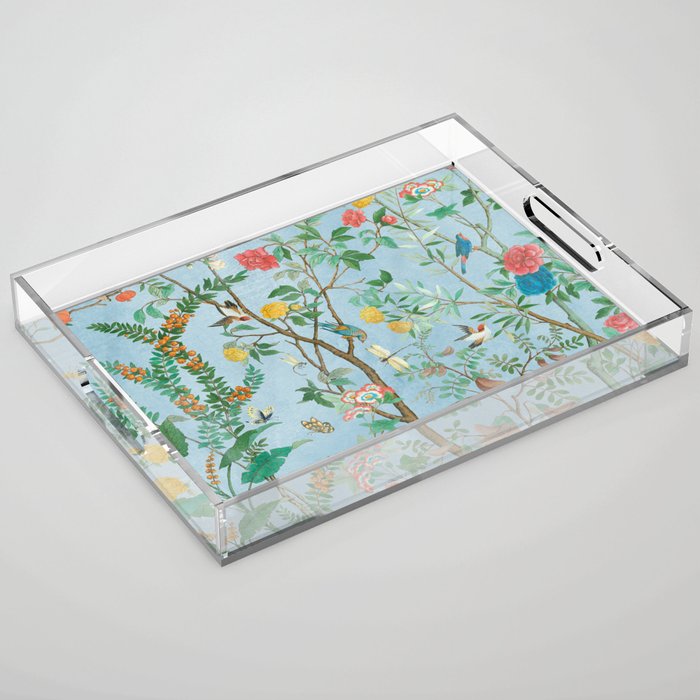 Chinoiserie Pastel Blue Floral Bird Garden II Acrylic Tray Gallery Image 1