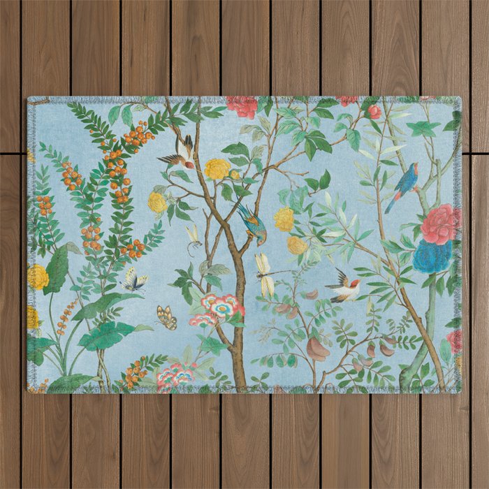 Chinoiserie Pastel Blue Floral Bird Garden II Outdoor Rug Gallery Image 1
