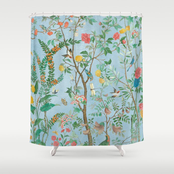 Chinoiserie Pastel Blue Floral Bird Garden II Shower Curtain Gallery Image 1