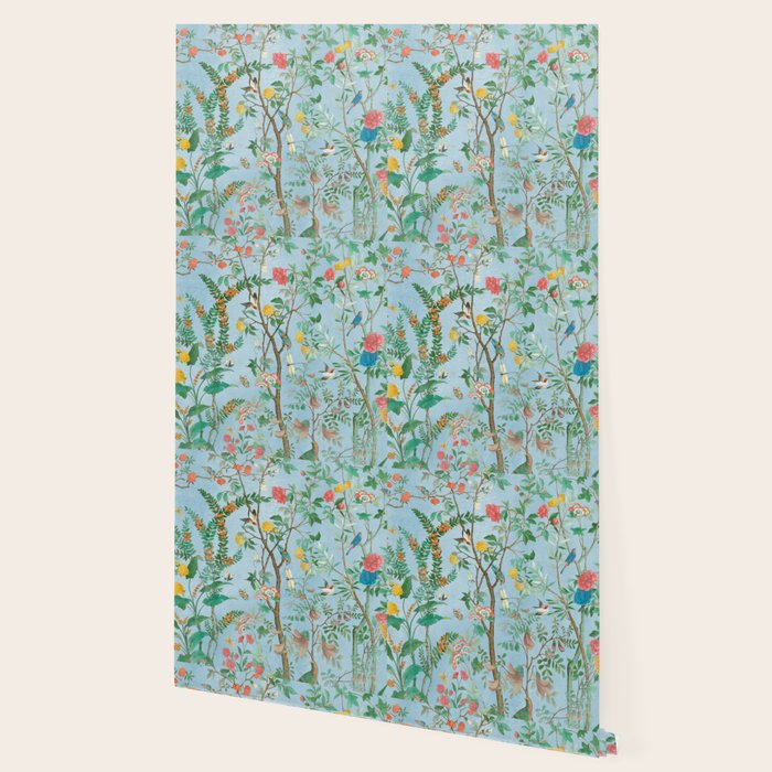 Chinoiserie Pastel Blue Floral Bird Garden II Wallpaper Gallery Image 2