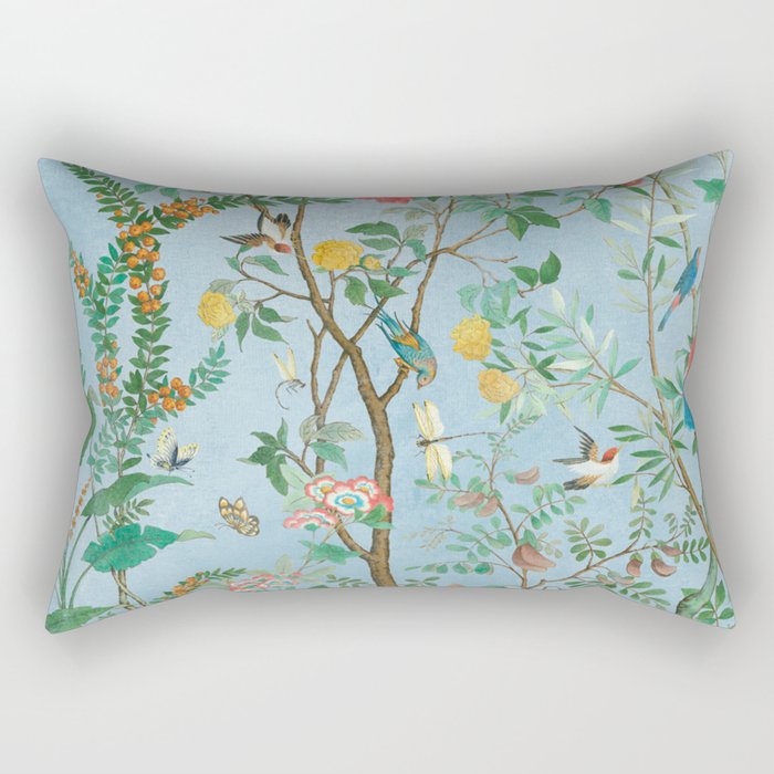 Chinoiserie Pastel Blue Floral Bird Garden II Rectangular Pillow Gallery Image 1