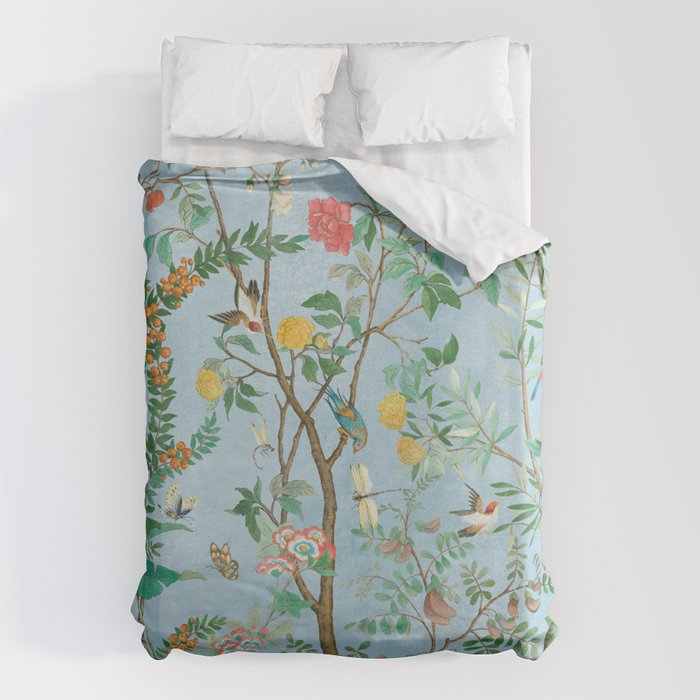 Chinoiserie Pastel Blue Floral Bird Garden II Duvet Cover Gallery Image 6