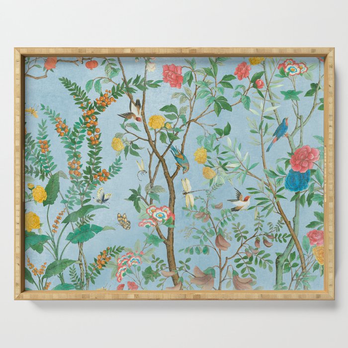 Chinoiserie Pastel Blue Floral Bird Garden II Serving Tray Gallery Image 1
