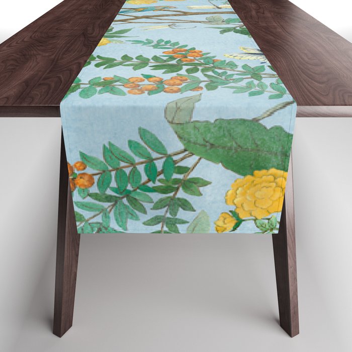 Chinoiserie Pastel Blue Floral Bird Garden II Table Runner Gallery Image 1