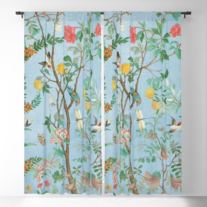 Chinoiserie Pastel Blue Floral Bird Garden II Window Curtain Gallery Image 5