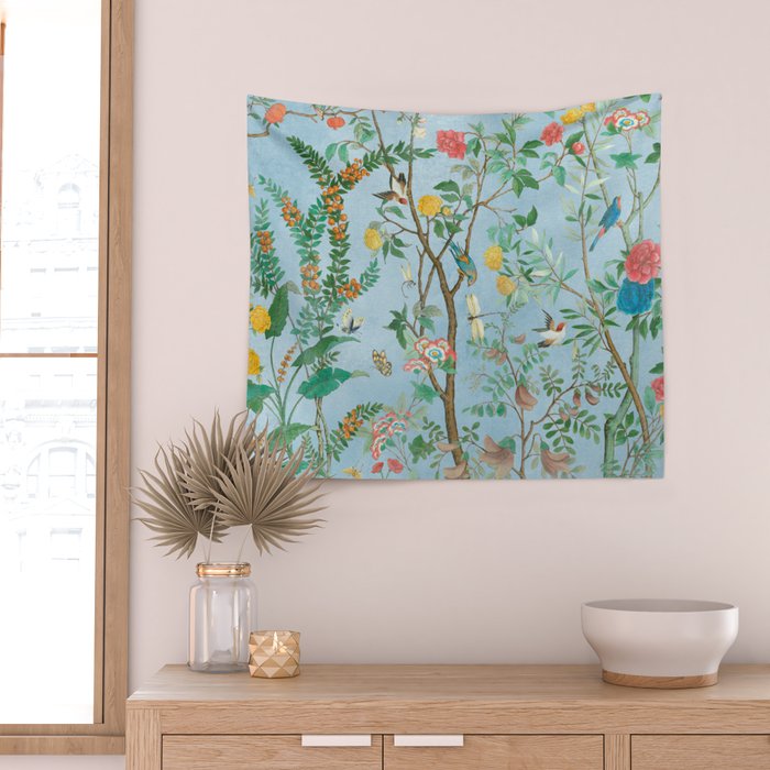 Chinoiserie Pastel Blue Floral Bird Garden II Wall Tapestry Gallery Image 2