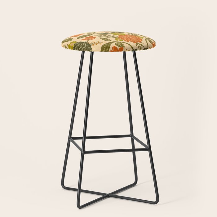 Retro 1970s Floral in Olive Green & Orange Stool Gallery Image 1