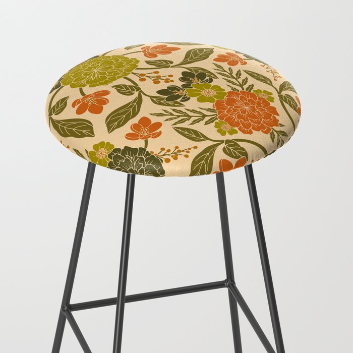 Retro 1970s Floral in Olive Green & Orange Stool Gallery Image 2