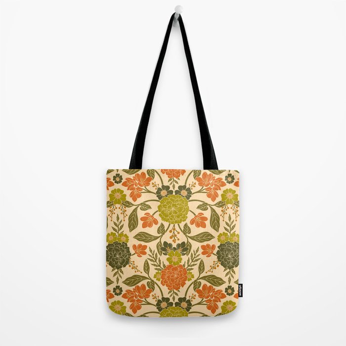 Retro 1970s Floral in Olive Green & Orange Tote Bag Gallery Image 2