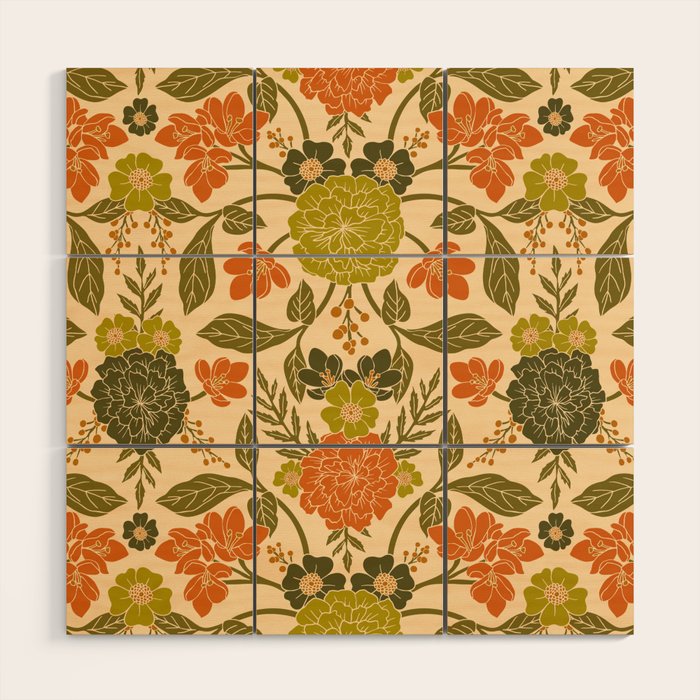 Retro 1970s Floral in Olive Green & Orange Wood Wall Art Gallery Image 1