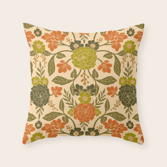 Retro 1970s Floral in Olive Green & Orange Throw Pillow Gallery Image 6