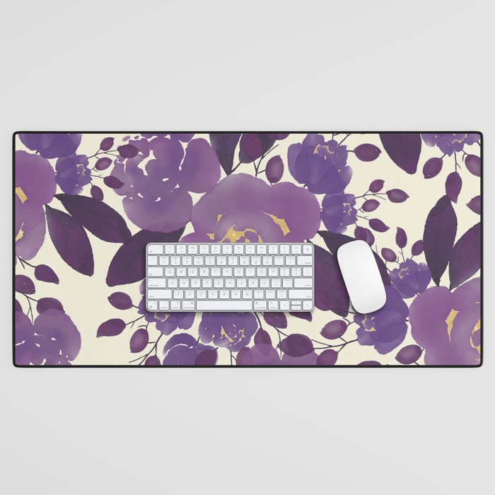 Elegant ivory gold lavender purple watercolor floral  Desk Mat Gallery Image 1