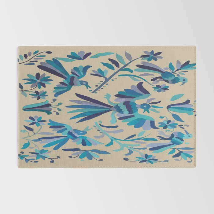 Blue otomi tenango mexican fabric birds and flower embroidery interior design Rug Gallery Image 2