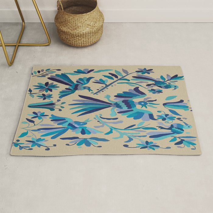 Blue otomi tenango mexican fabric birds and flower embroidery interior design Rug Gallery Image 1