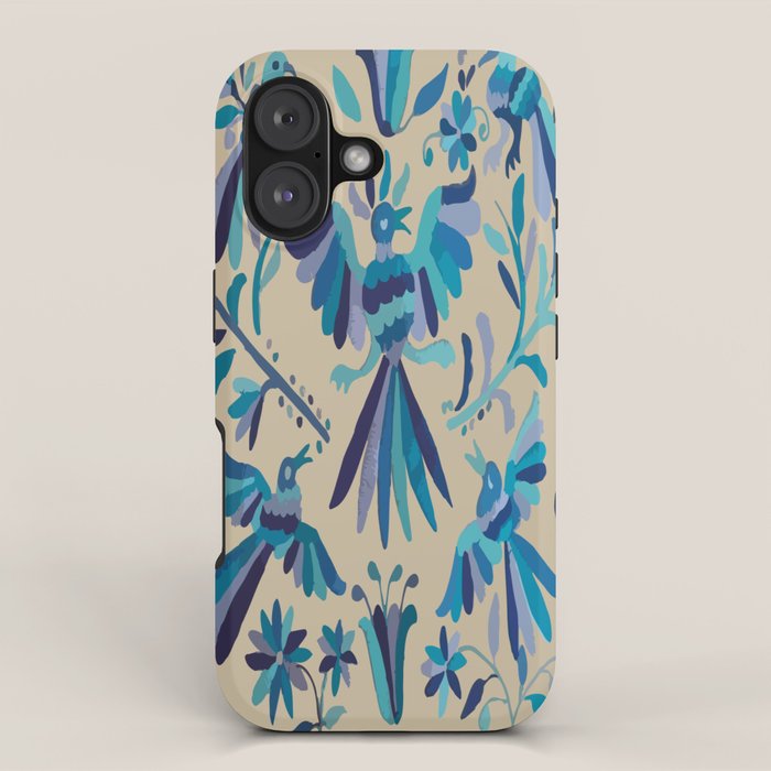 Blue otomi tenango mexican fabric birds and flower embroidery interior design iPhone Case Gallery Image 1