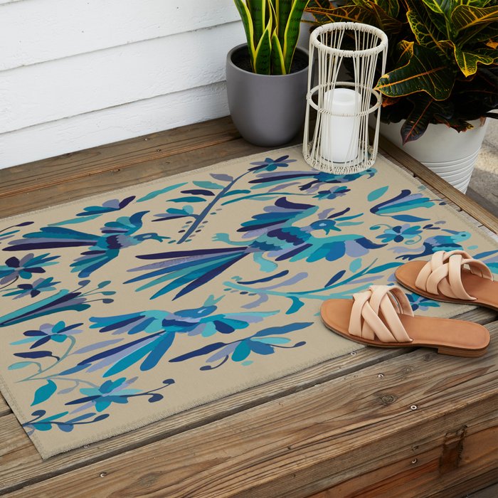 Blue otomi tenango mexican fabric birds and flower embroidery interior design Outdoor Rug Gallery Image 2