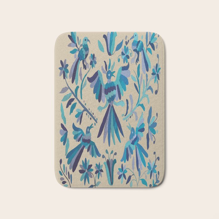 Blue otomi tenango mexican fabric birds and flower embroidery interior design Bath Mat Gallery Image 1