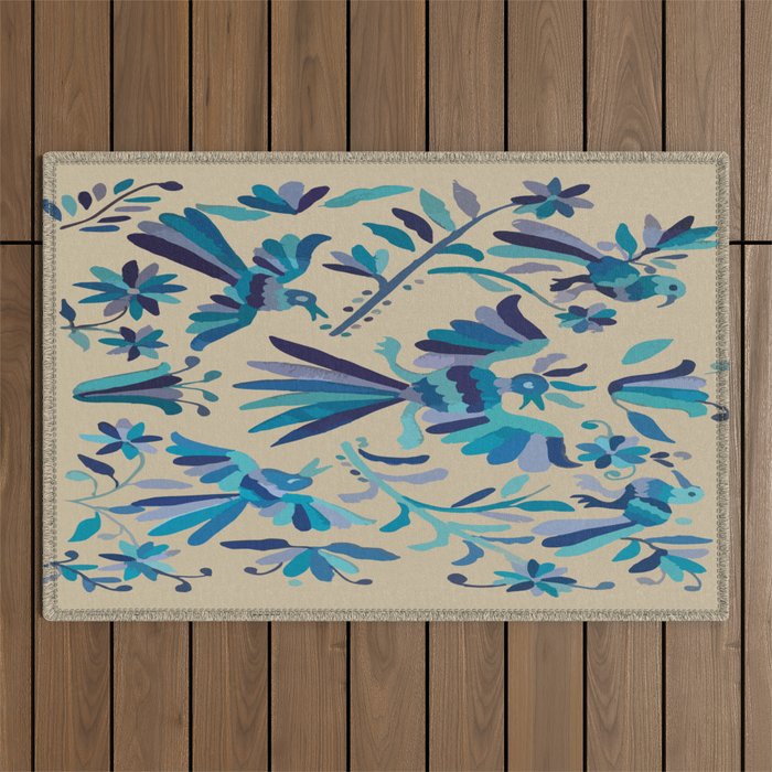 Blue otomi tenango mexican fabric birds and flower embroidery interior design Outdoor Rug Gallery Image 1
