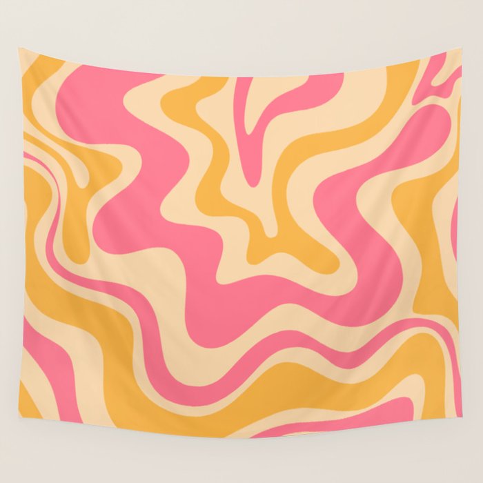 Retro Liquid Swirl Abstract Pattern 5 Pink and Orange Mustard Wall Tapestry Gallery Image 1