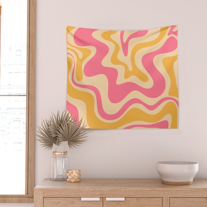 Retro Liquid Swirl Abstract Pattern 5 Pink and Orange Mustard Wall Tapestry Gallery Image 2