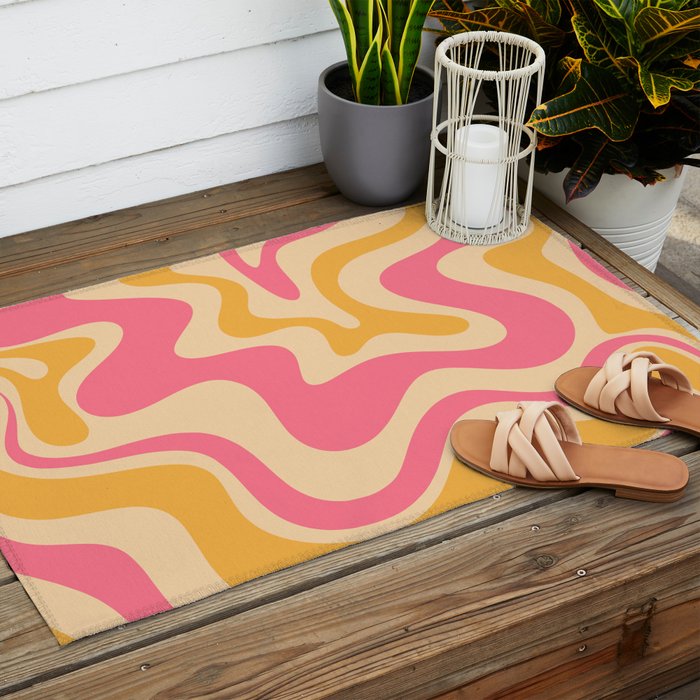 Retro Liquid Swirl Abstract Pattern 5 Pink and Orange Mustard Outdoor Rug Gallery Image 2