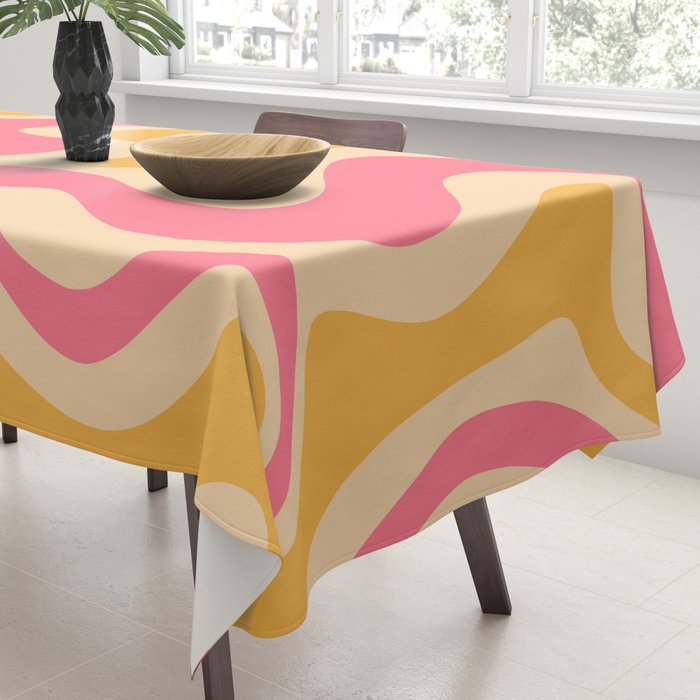 Retro Liquid Swirl Abstract Pattern 5 Pink and Orange Mustard Tablecloth Gallery Image 3