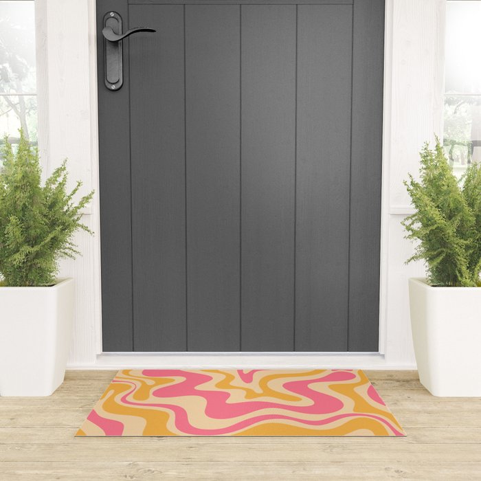 Retro Liquid Swirl Abstract Pattern 5 Pink and Orange Mustard Welcome Mat Gallery Image 3