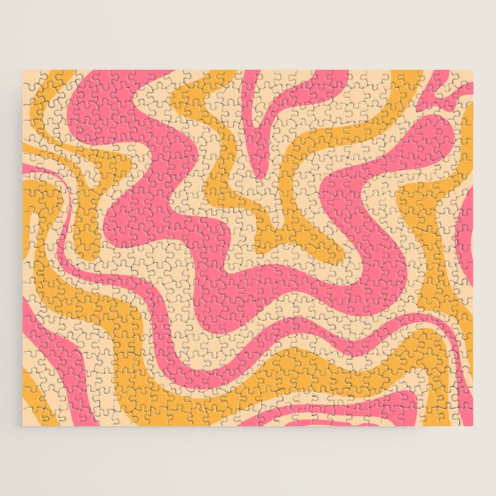Retro Liquid Swirl Abstract Pattern 5 Pink and Orange Mustard Jigsaw Puzzle Gallery Image 1