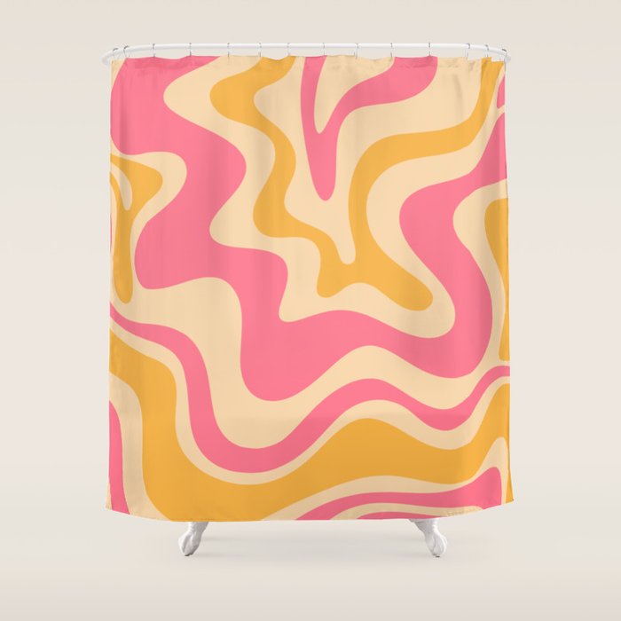 Retro Liquid Swirl Abstract Pattern 5 Pink and Orange Mustard Shower Curtain Gallery Image 1