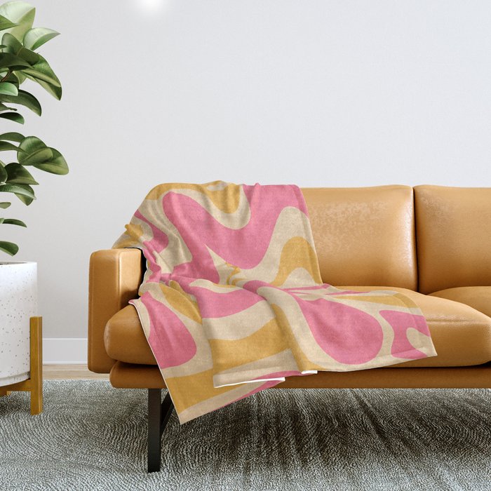 Retro Liquid Swirl Abstract Pattern 5 Pink and Orange Mustard Throw Blanket Gallery Image 1
