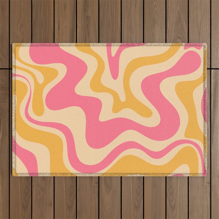 Retro Liquid Swirl Abstract Pattern 5 Pink and Orange Mustard Outdoor Rug Gallery Image 1