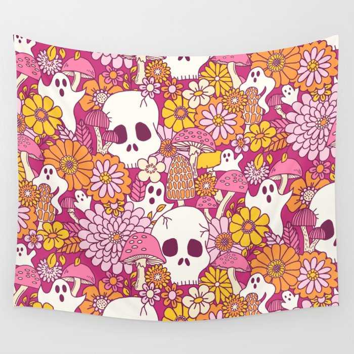 Spooky Mushroom Garden - Fuchsia Wall Tapestry Gallery Image 4